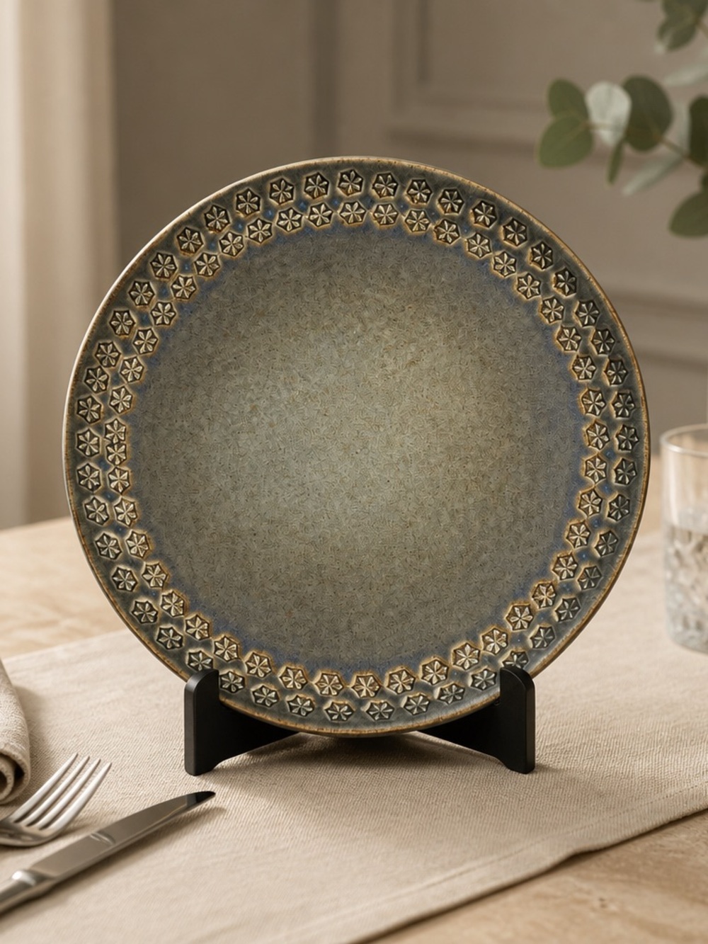 Signed Ceramic Decorative Serving Plate With Hand Stamped Design Edging